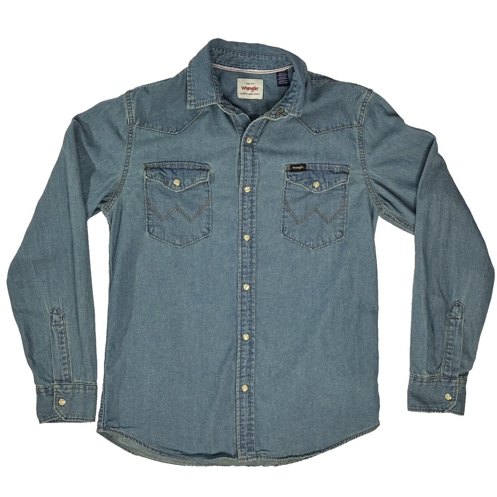 Wrangler Mens Pearl Snap Blue Denim Long Sleeve Western Rodeo Small Button Down